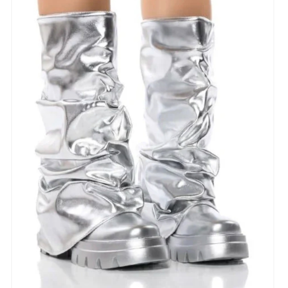 Metallic Platform Boots, Mid-Calf Ruched Foldover Chunky Heel Round Toe Boots.